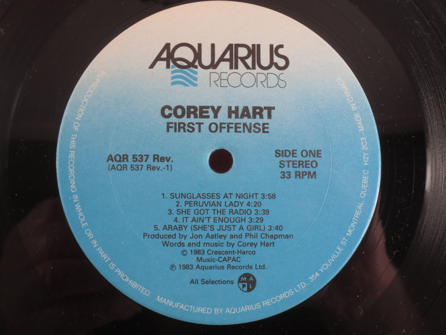 COREY HART, FIRST Offense, Corey Hart Records, Corey Hart Albums, Vintage Vinyl, Rock Albums, Vinyl Records, 1983 Records