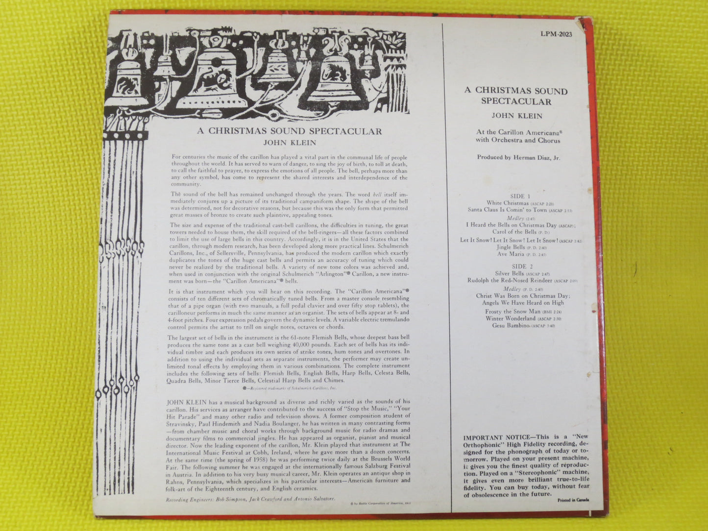 JOHN KLEIN, CHRISTMAS Sound, Spectacular Record, Christmas Record, Christmas Album, Christmas Lp, Christmas Vinyl, Vintage Lp, 1959 Record