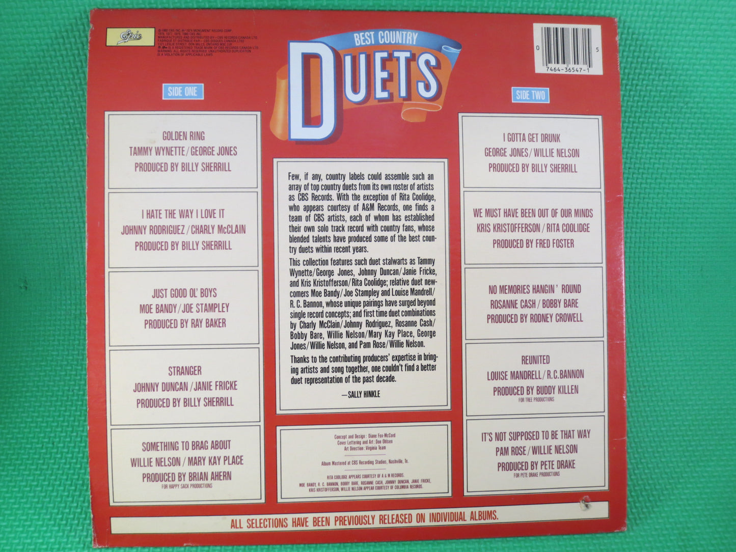 BEST COUNTRY DUETS, Country Hits, Country Records, Willie Nelson Album, George Jones Album, Bobby Bare Album, Vintage Records, 1980 Records