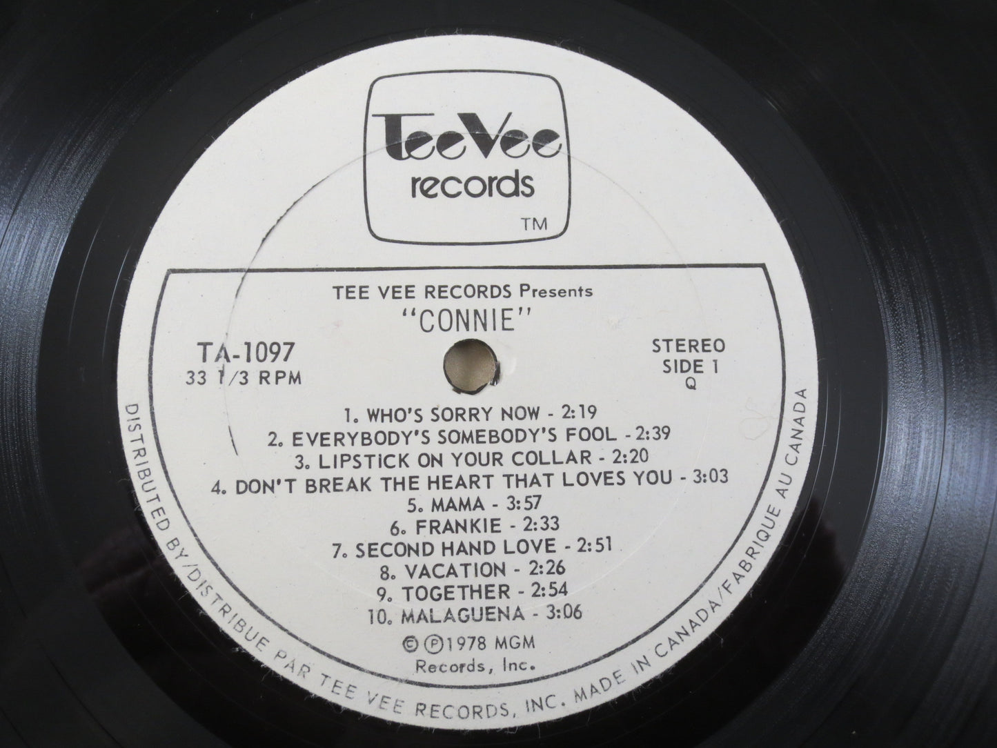 CONNIE FRANCIS, Tee Vee Records, Connie Francis Record, Connie Francis Album, Connie Francis Lp, Pop Records, Vintage Records, 1978 Records