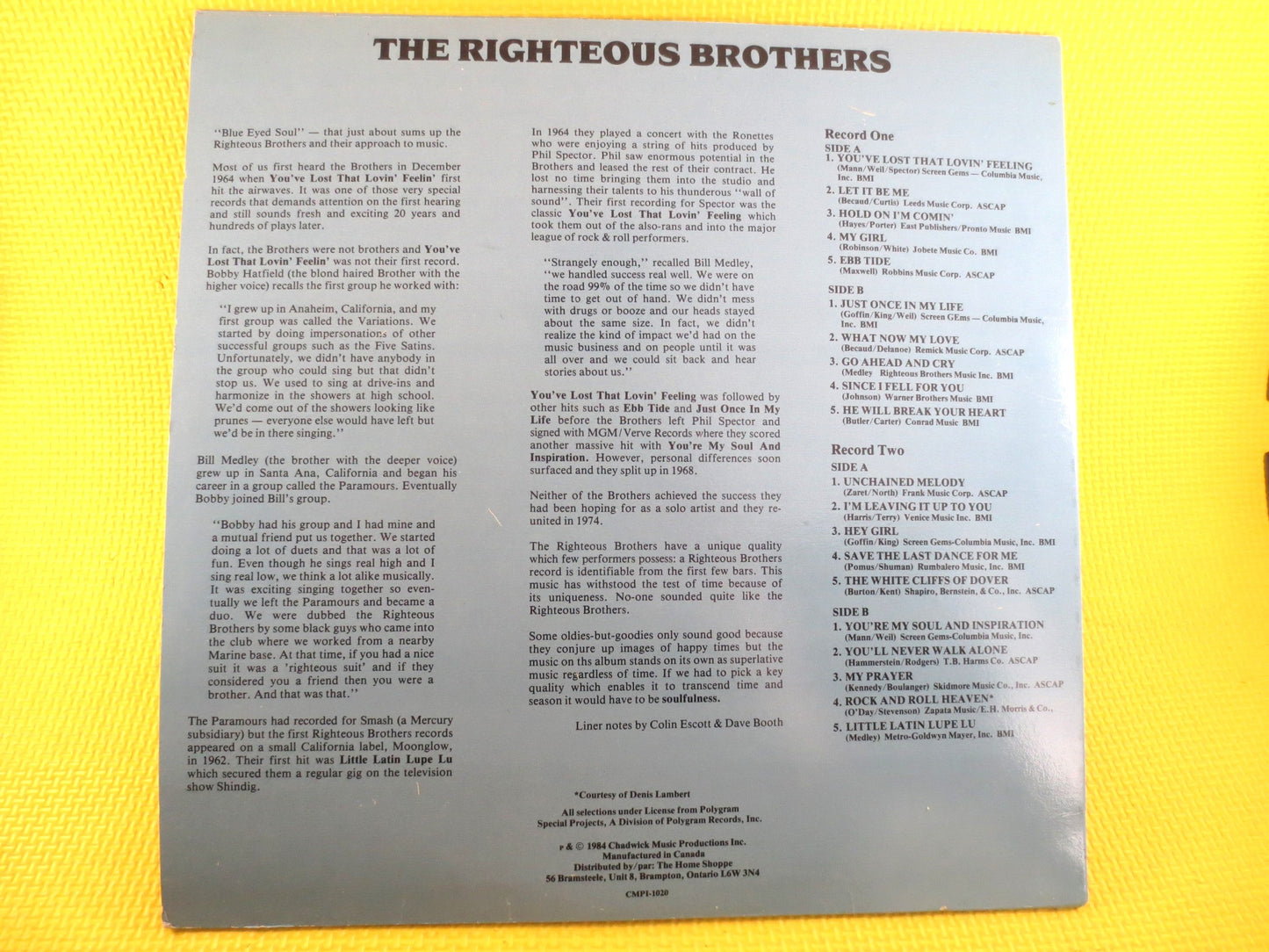 The RIGHTEOUS BROTHERS, GREATEST Hits, 2 Records, Pop Music Record, Pop Music Album, 60s Music, 60s Record, Lps, Vintage Lp, 1984 Records