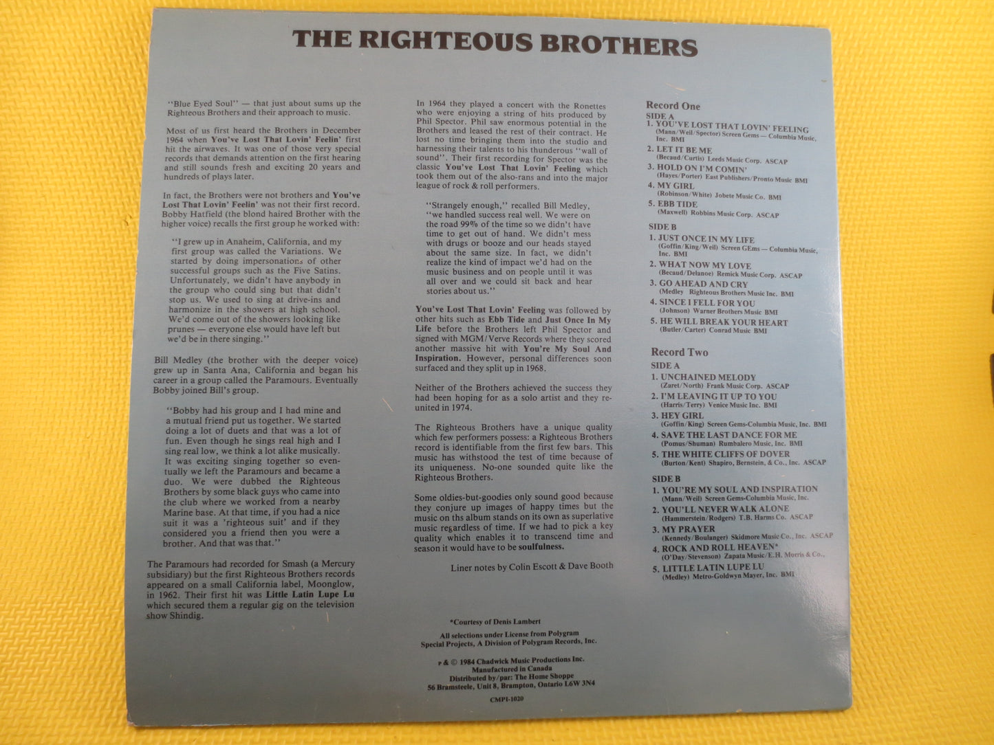 The RIGHTEOUS BROTHERS, GREATEST Hits, 2 Records, Pop Music Record, Pop Music Album, 60s Music, 60s Record, Lps, Vintage Lp, 1984 Records