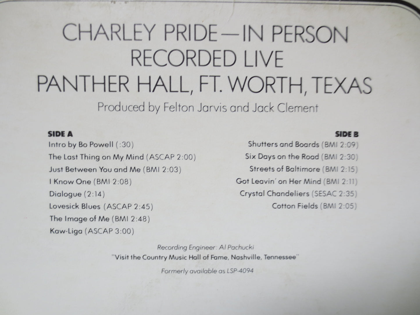 CHARLEY PRIDE, In PERSON, Country Classics, Charley Pride Lp, Vintage Vinyl, Charley Pride Album, Country Lp, 1975 Records