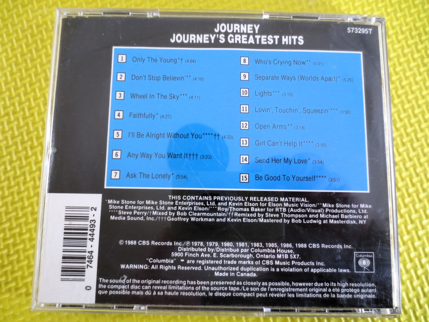 JOURNEY, GREATEST Hits, JOURNEY Cd, Journey Hits, Journey Album, Journey Songs, Journey Tunes, Journey Music, Vintage Cds, 1988 Compact Disc