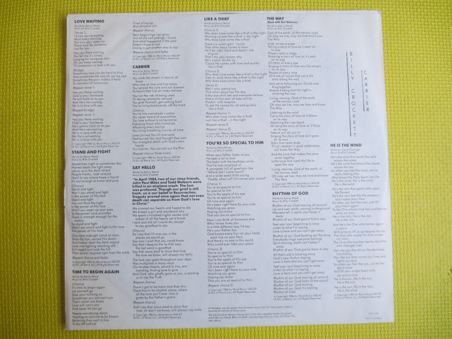 BILLY CROCKETT, CARRIER, Billy Crockett Album, Billy Crockett Songs, Billy Crockett Lp, Religious Album, Lps, Vintage Records, 1984 Records