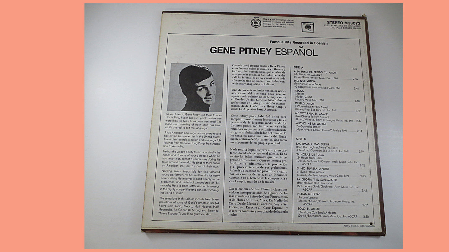 GENE PITNEY, ESPANOL, Gene Pitney Record, Gene Pitney Spanish, Gene Pitney Vinyl, Gene Pitney Albums, Vinyl, Vintage Records, 1966 Records