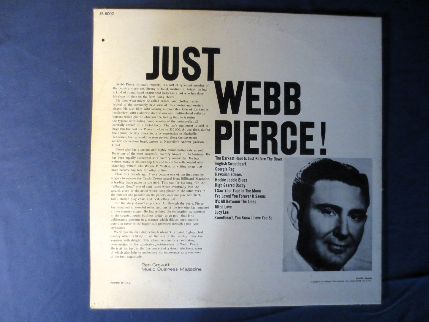 WEBB PIERCE, JUST Webb Pierce, Country Records, Webb Pierce Records, Webb Pierce Albums, Webb Pierce Vinyl, 1965 Records