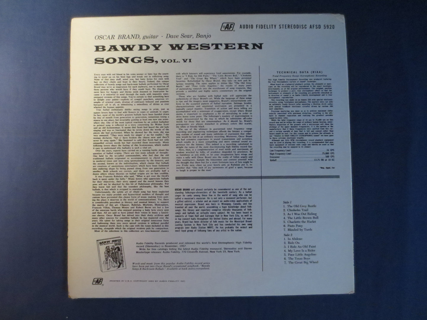 BAWDY WESTERN SONGS, Oscar Brand, Vintage Vinyl, Country Vinyl, Country Records, Vinyl Record, Vinyl, Records, 1960 Records