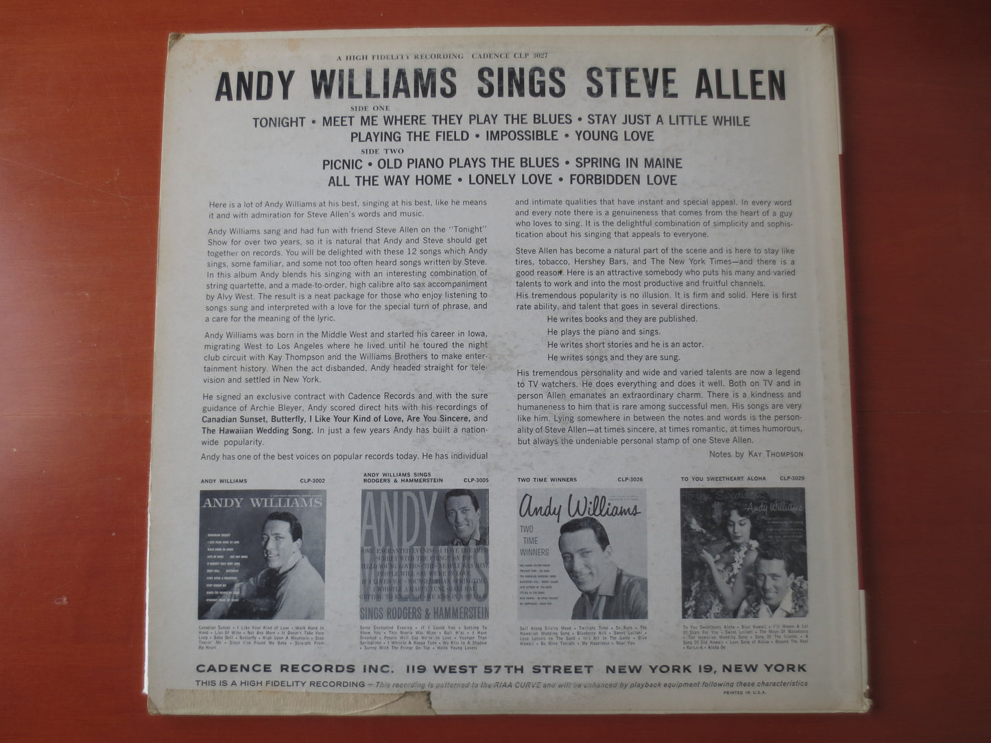 ANDY WILLIAMS, Sings Steve Allen, ANDY Williams Albums, Andy Williams Vinyl, Vintage Vinyl, Jazz Albums, Vinyl, 1956 Record