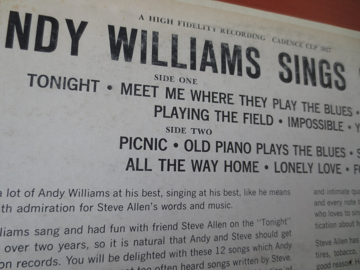 ANDY WILLIAMS, Sings Steve Allen, ANDY Williams Albums, Andy Williams Vinyl, Vintage Vinyl, Jazz Albums, Vinyl, 1956 Record