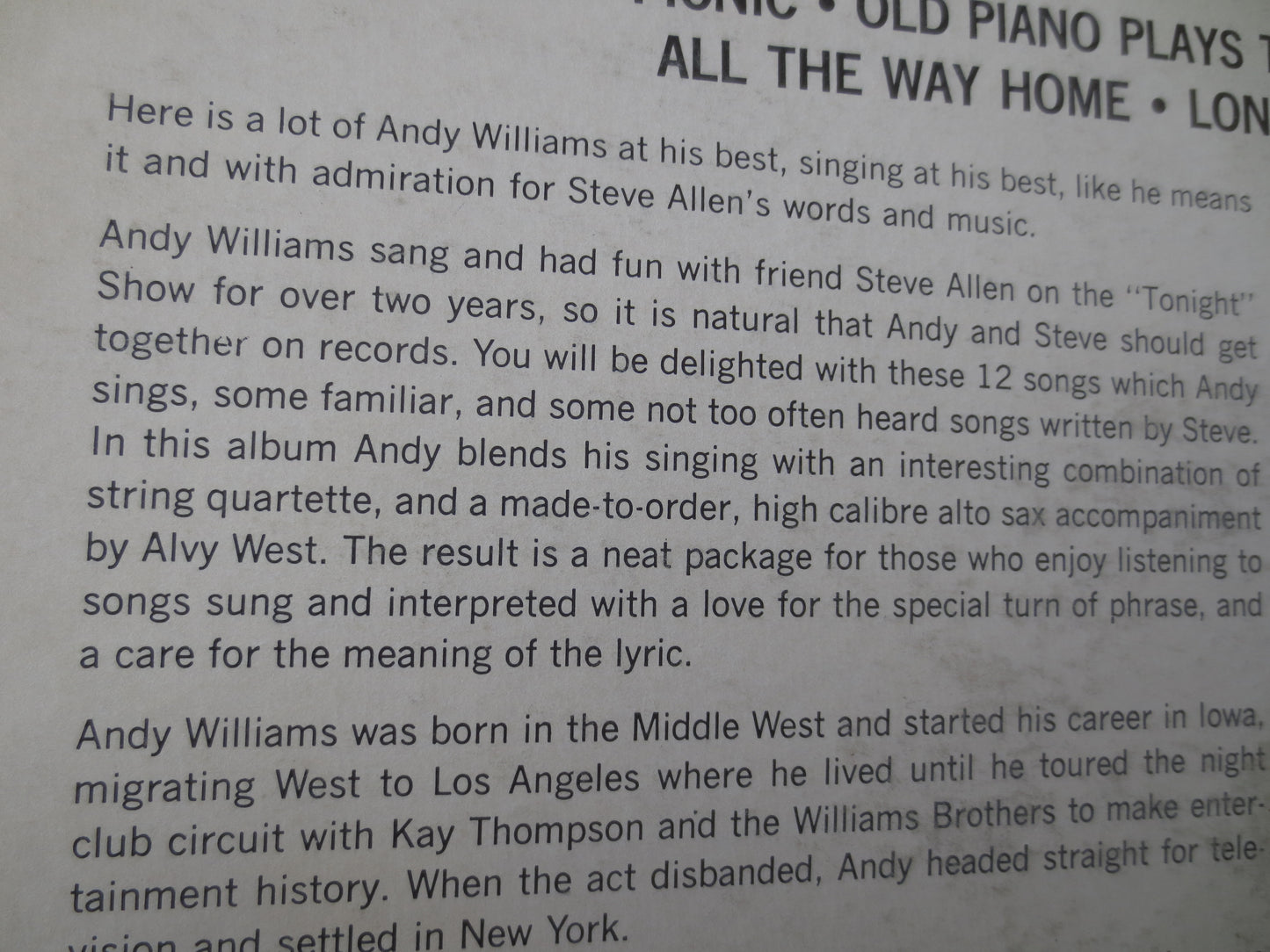 ANDY WILLIAMS, Sings Steve Allen, ANDY Williams Albums, Andy Williams Vinyl, Vintage Vinyl, Jazz Albums, Vinyl, 1956 Record