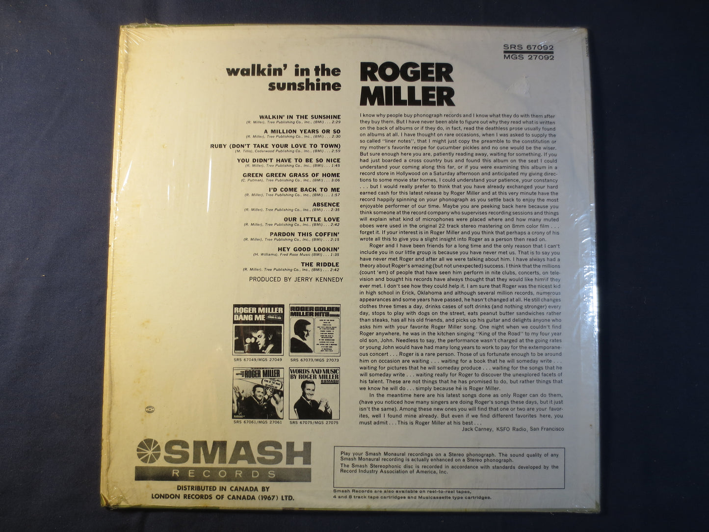 ROGER MILLER, Walkin' in the Sunshine, Country Records, Roger Miller Record, Roger Miller Album, Vinyl Albums, 1967 Records