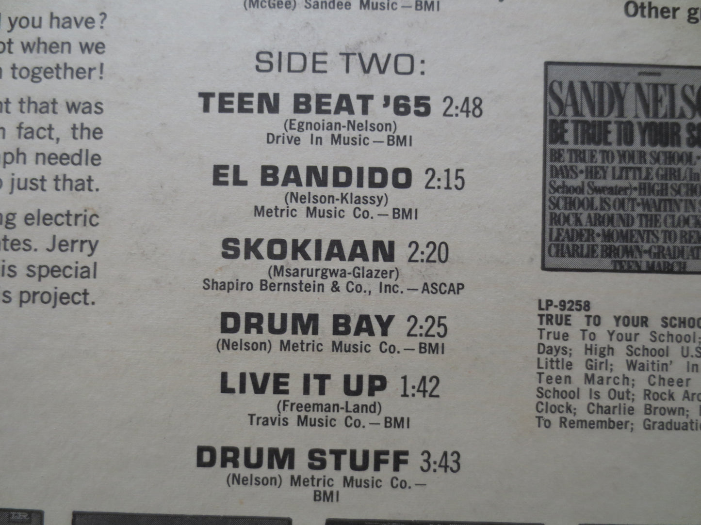 SANDY NELSON, LIVE Records, Sandy Nelson Album, Sandy Nelson Vinyl, Sandy Nelson Lp, Vintage Vinyl, Vinyl Lp, 1964 Records