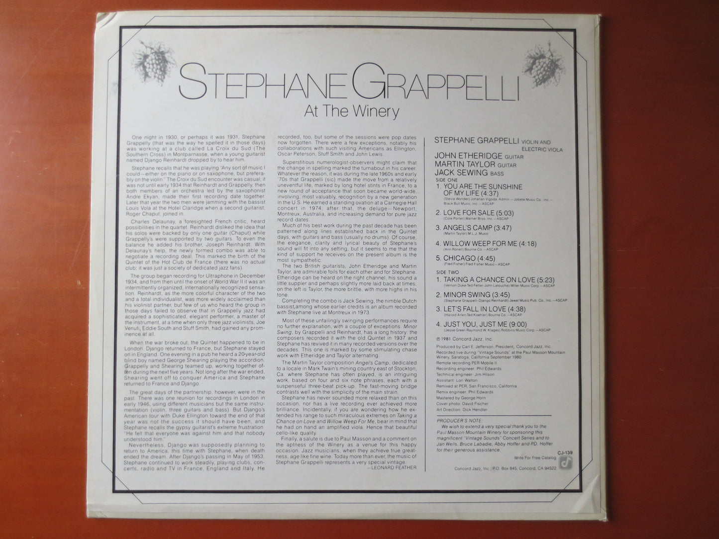 STEPHANE GRAPPELLI, At The WINERY, Classical Records, Classical Album, Vintage Vinyl, Records, Vinyl Record, 1981 Records