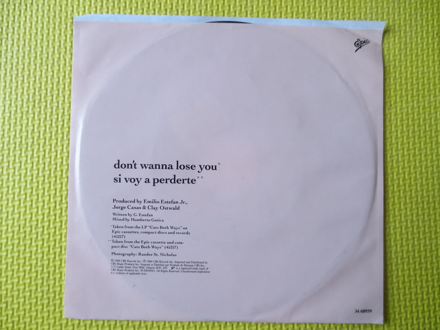 GLORIA ESTEFAN, Don't WANNA Lose You, 45 Rpm, Pop Record, Pop Album, Pop Vinyl, Record Vinyl, Vinyl Record, 1989 Records
