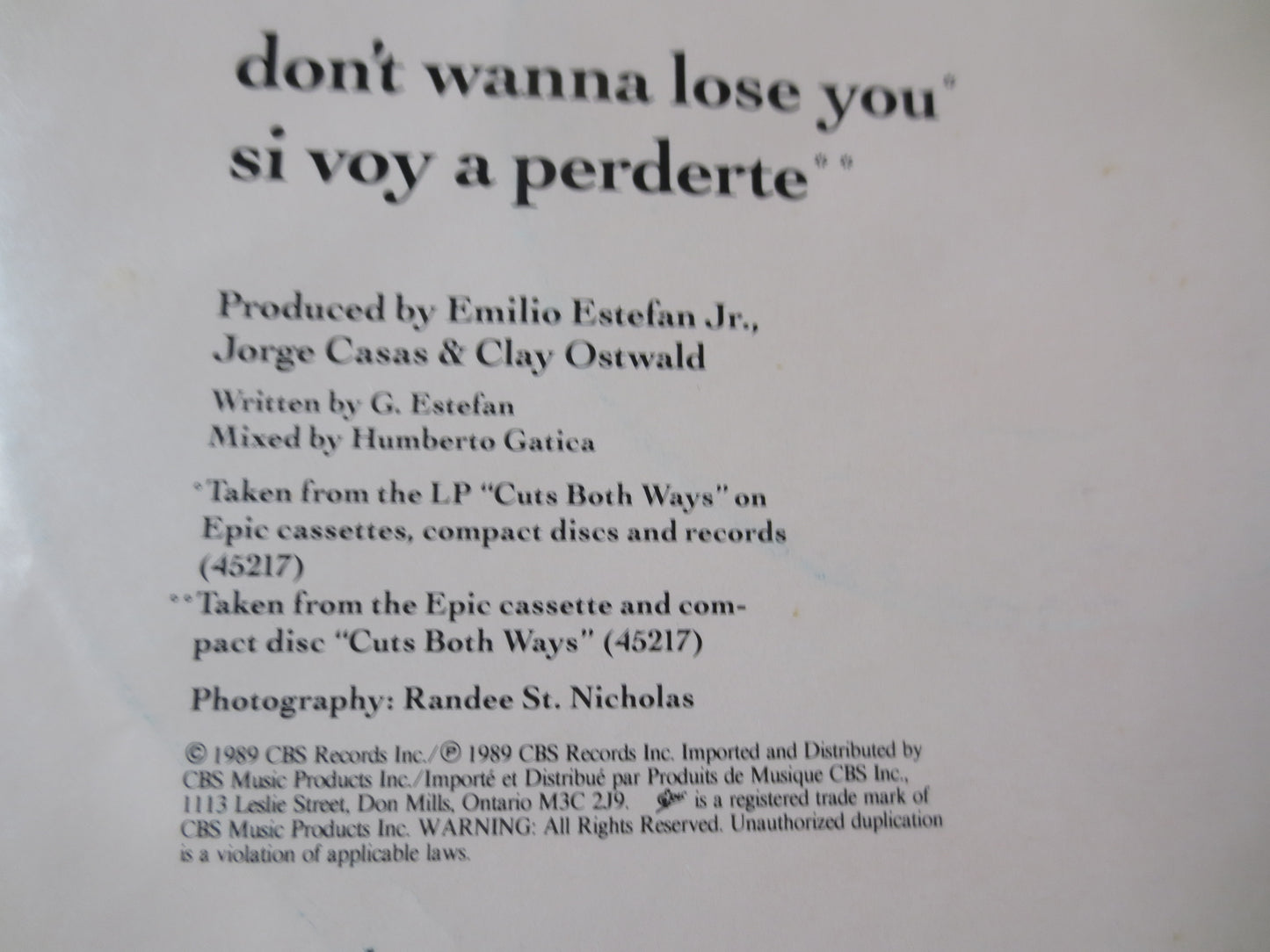 GLORIA ESTEFAN, Don't WANNA Lose You, 45 Rpm, Pop Record, Pop Album, Pop Vinyl, Record Vinyl, Vinyl Record, 1989 Records