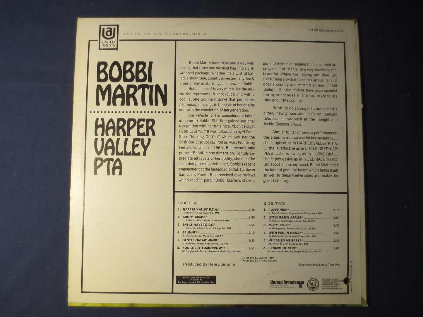 BOBBI MARTIN, Harper Valley PTA, Bobbi Martin Record, Country Record, Bobbi Martin Album, Bobbi Martin Lps, 1968 Records