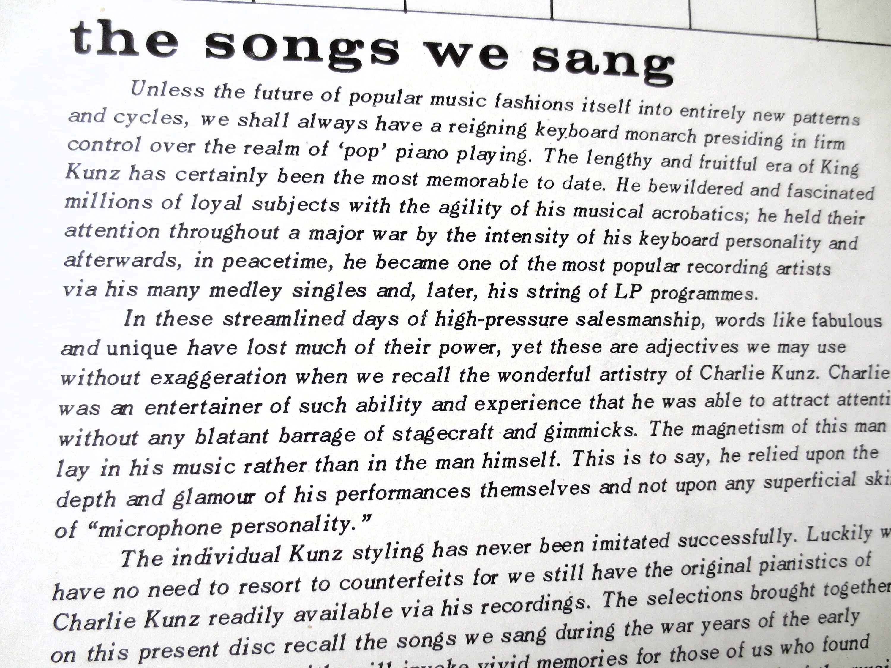Charlie Kunz – The Songs We Sang (1961) Vinyl LP