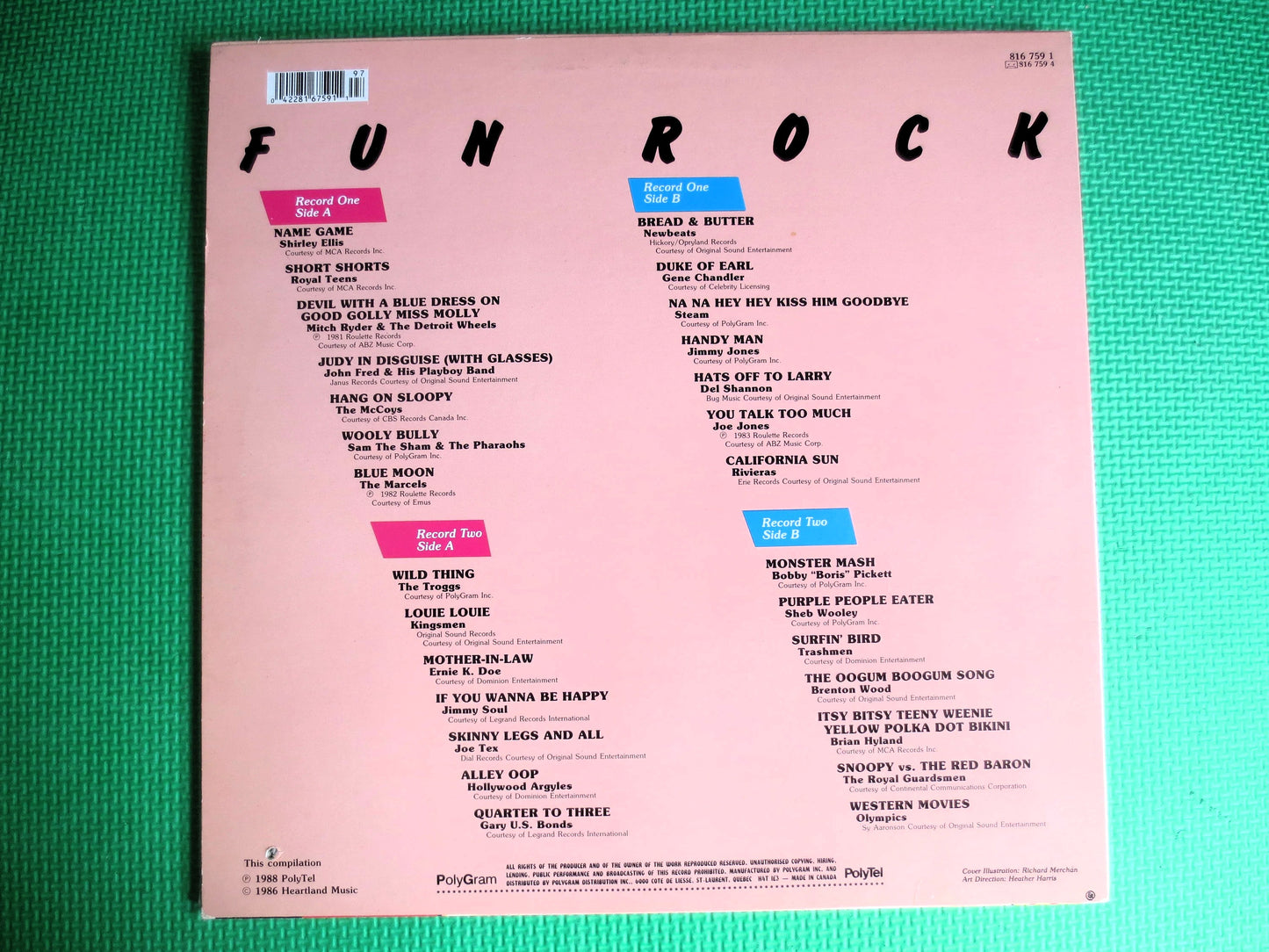 FUN ROCK, FUN Rock Records, Double Albums, Royal Teens Record, The McCoys Record, The Troggs Record, Joe Jones Record, Vinyl Lp, 1988 Record
