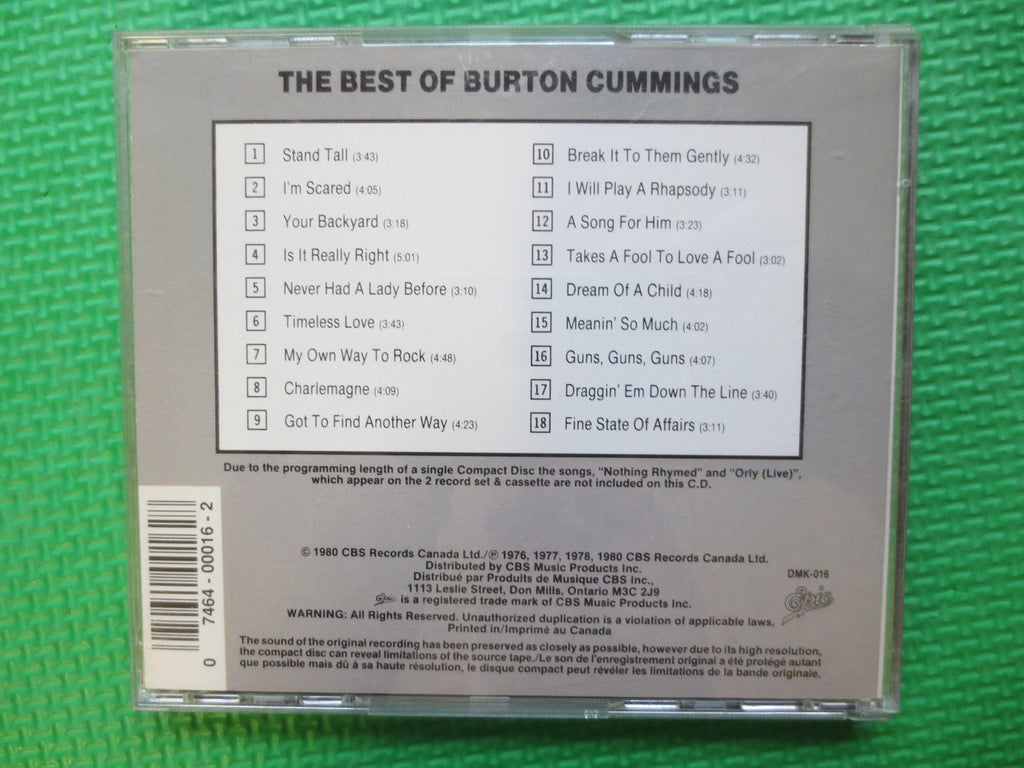 BURTON CUMMINGS, Greatest HITS, Rock Pop Music, 1985 Compact Disc, Vintage Cd