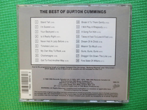 BURTON CUMMINGS, Greatest HITS, Rock Pop Music, 1985 Compact Disc, Vintage Cd
