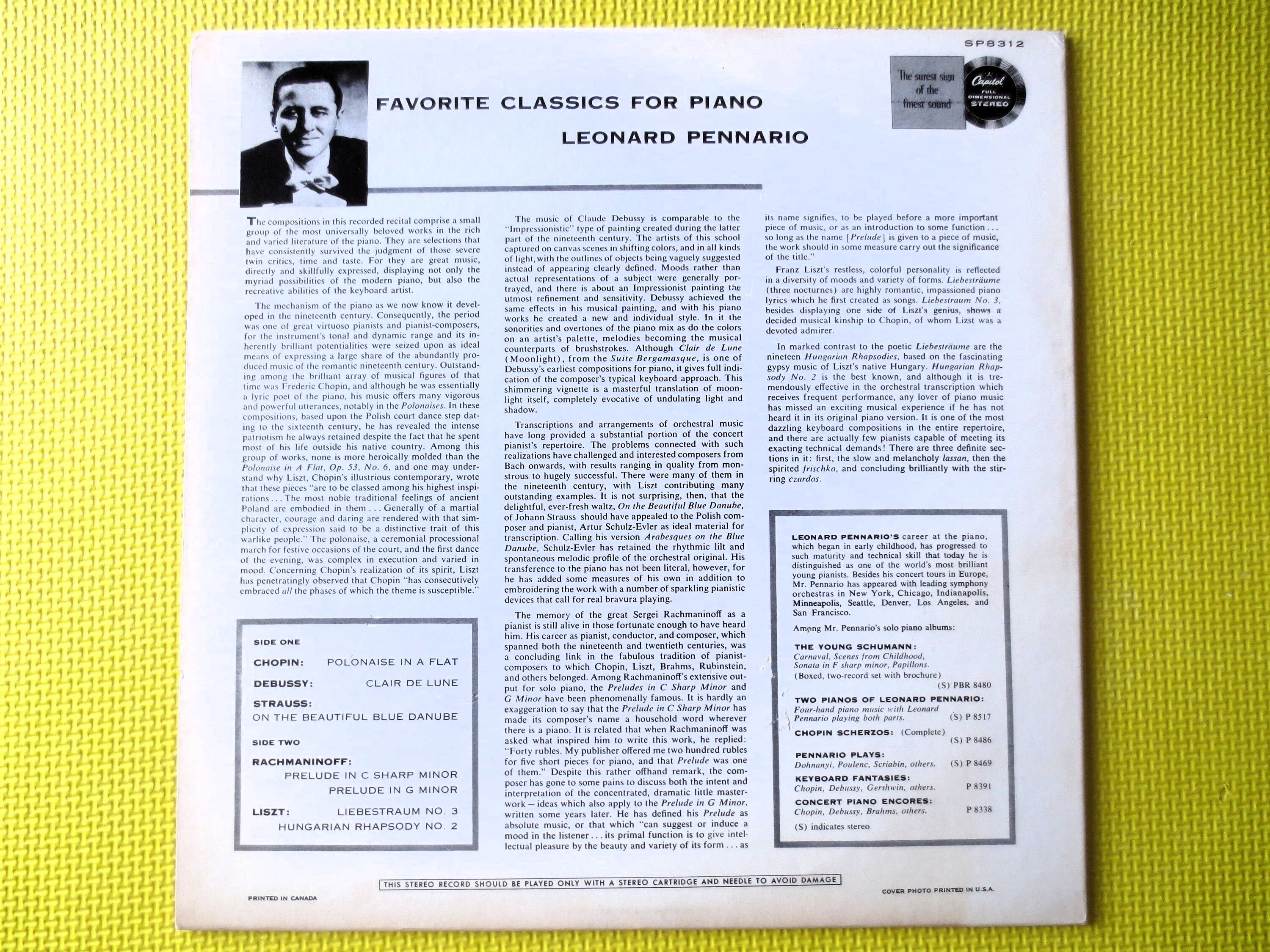 Leonard Pennario – Pennario Plays Favorite Classics for Piano (1959) Vinyl LP