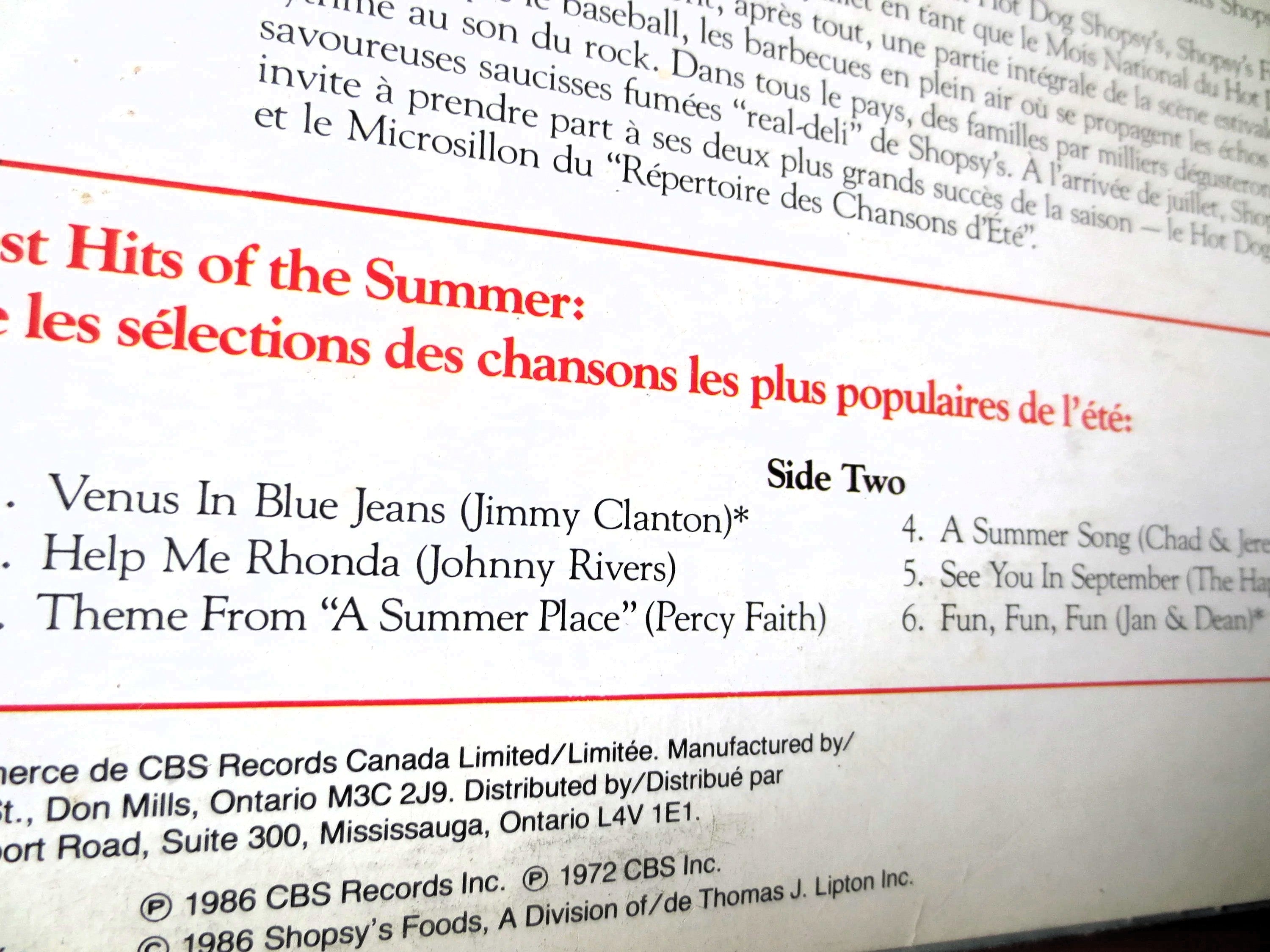 Shopsy's Hot Dogs – Best Hits of the Summer (1986) Vinyl LP