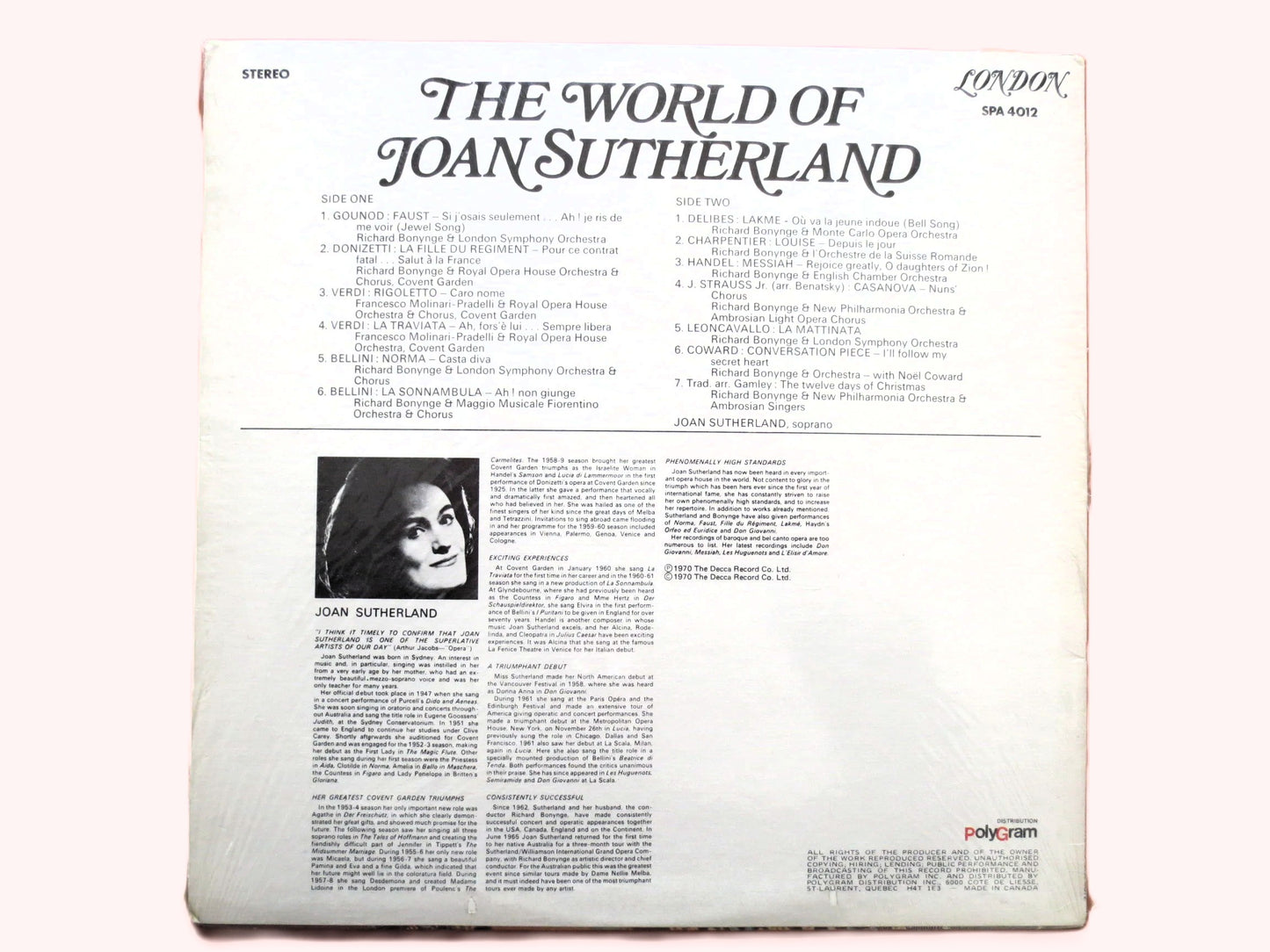 JOAN SUTHERLAND, OPERA, Joan Sutherland Lp, Romantic Record, Romantic Album, Jazz, Big Band, Vintage Vinyl, 1970 Records