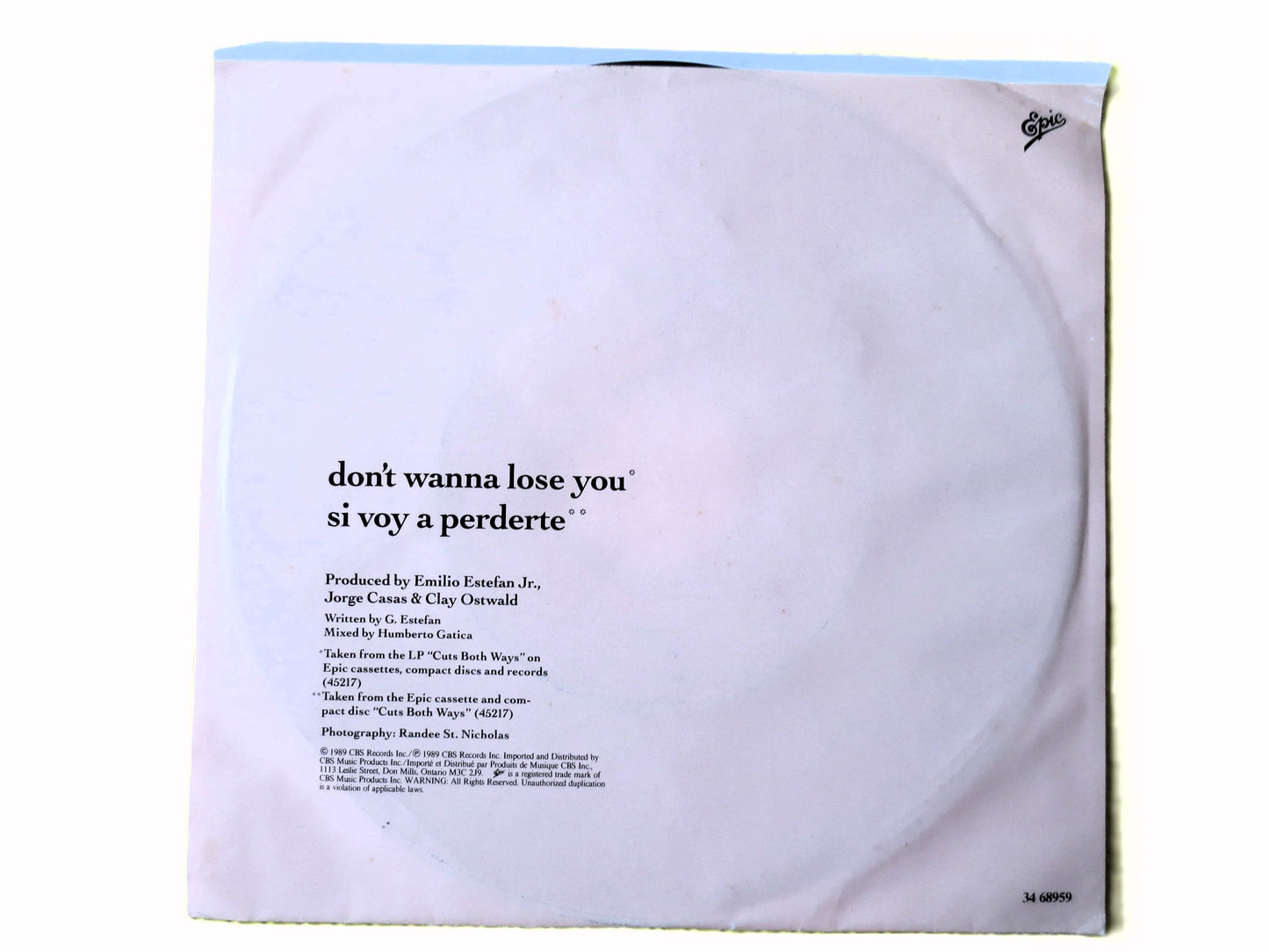 Gloria Estefan - Don't Wanna Lose You - 45 RPM - Vinyl Pop - 1989 Record