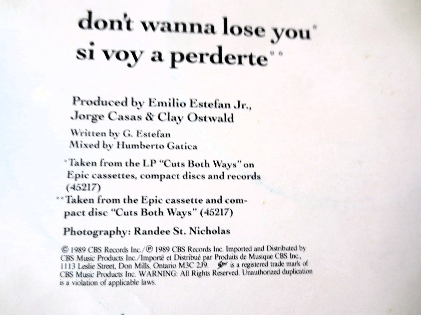 Gloria Estefan - Don't Wanna Lose You - 45 RPM - Vinyl Pop - 1989 Record