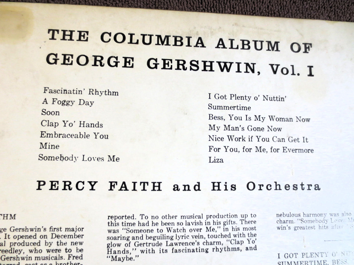 PERCY FAITH, George GERSHWIN Lp, Colmbia Records, Percy Faith Album, Percy Faith Vinyl, Vinyl Lp, Lps, 1958 Records