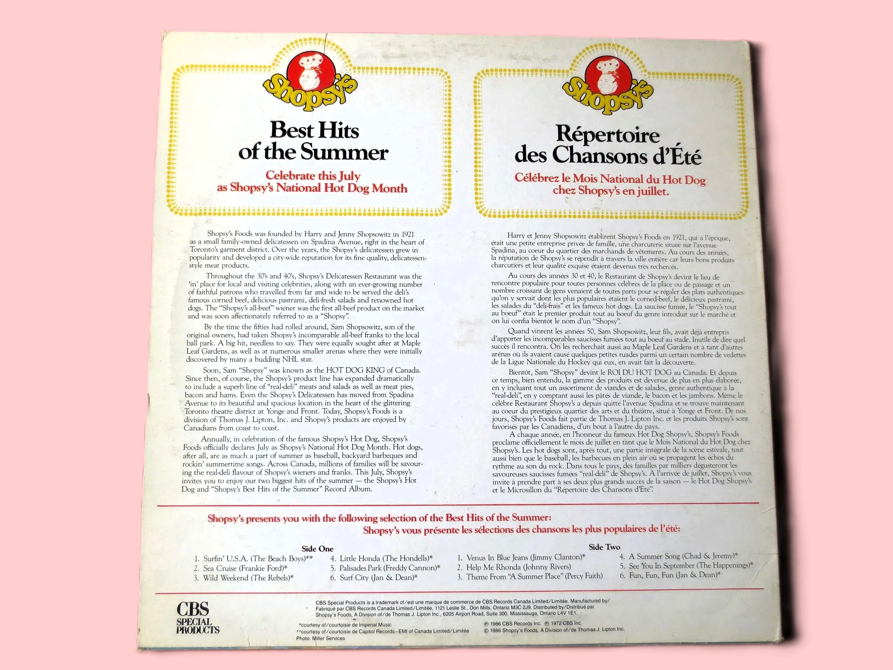 Shopsy's Hot Dogs – Best Hits of the Summer (1986) Vinyl LP