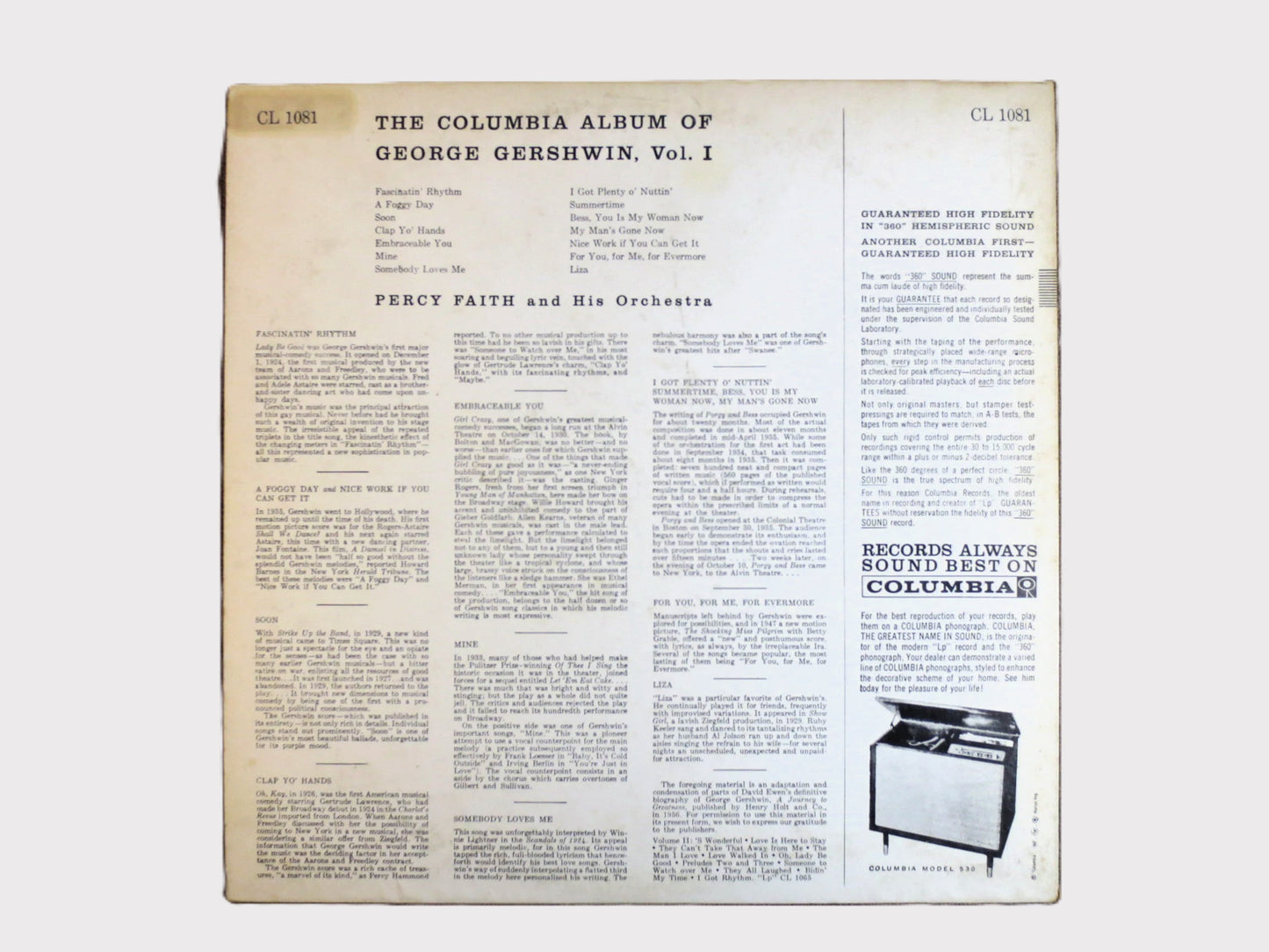 PERCY FAITH, George GERSHWIN Lp, Colmbia Records, Percy Faith Album, Percy Faith Vinyl, Vinyl Lp, Lps, 1958 Records