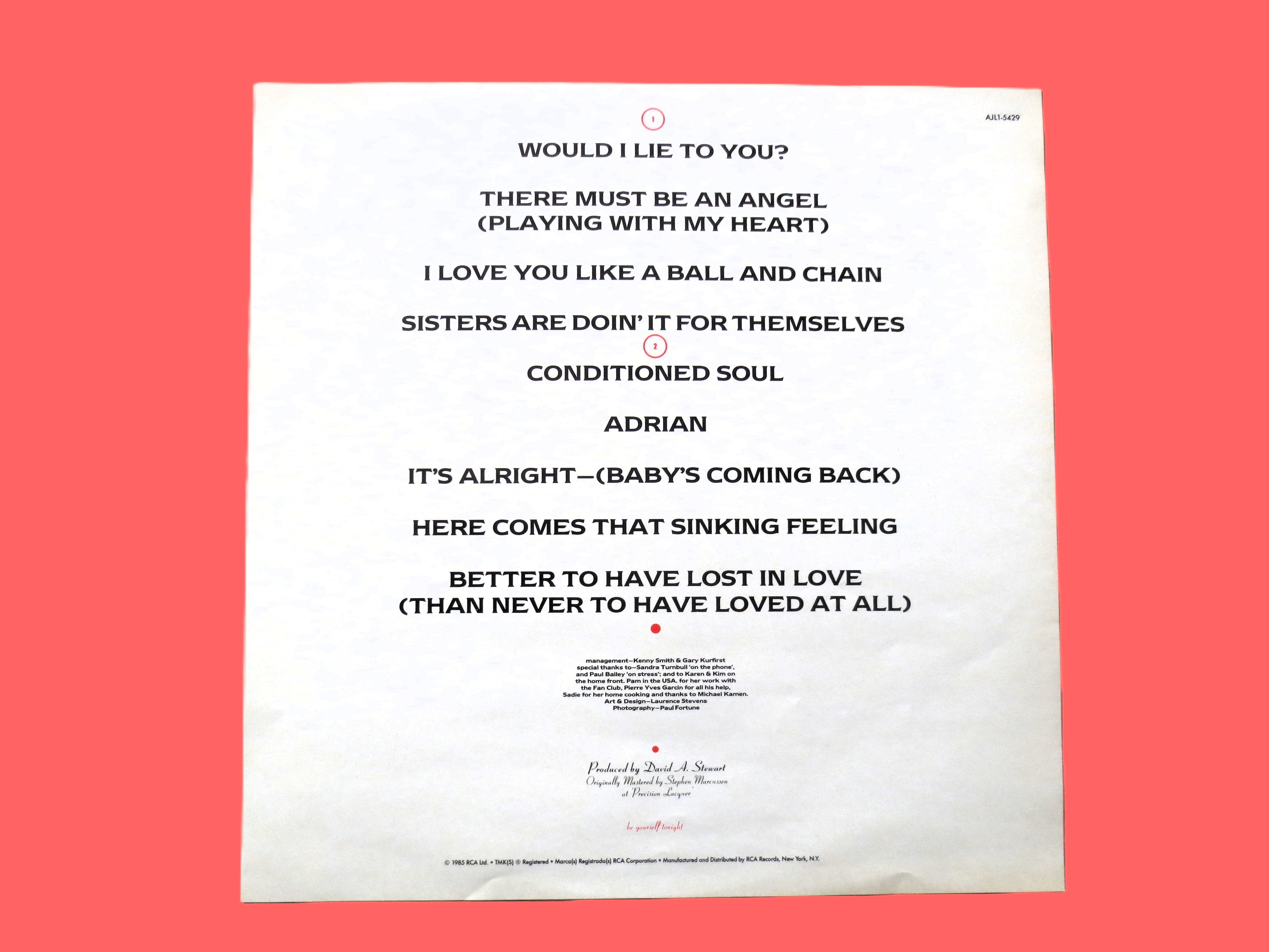 The EURYTHMICS, Be Yourself Tonight, Vintage Album, 1985 Record, Vinyl Lp