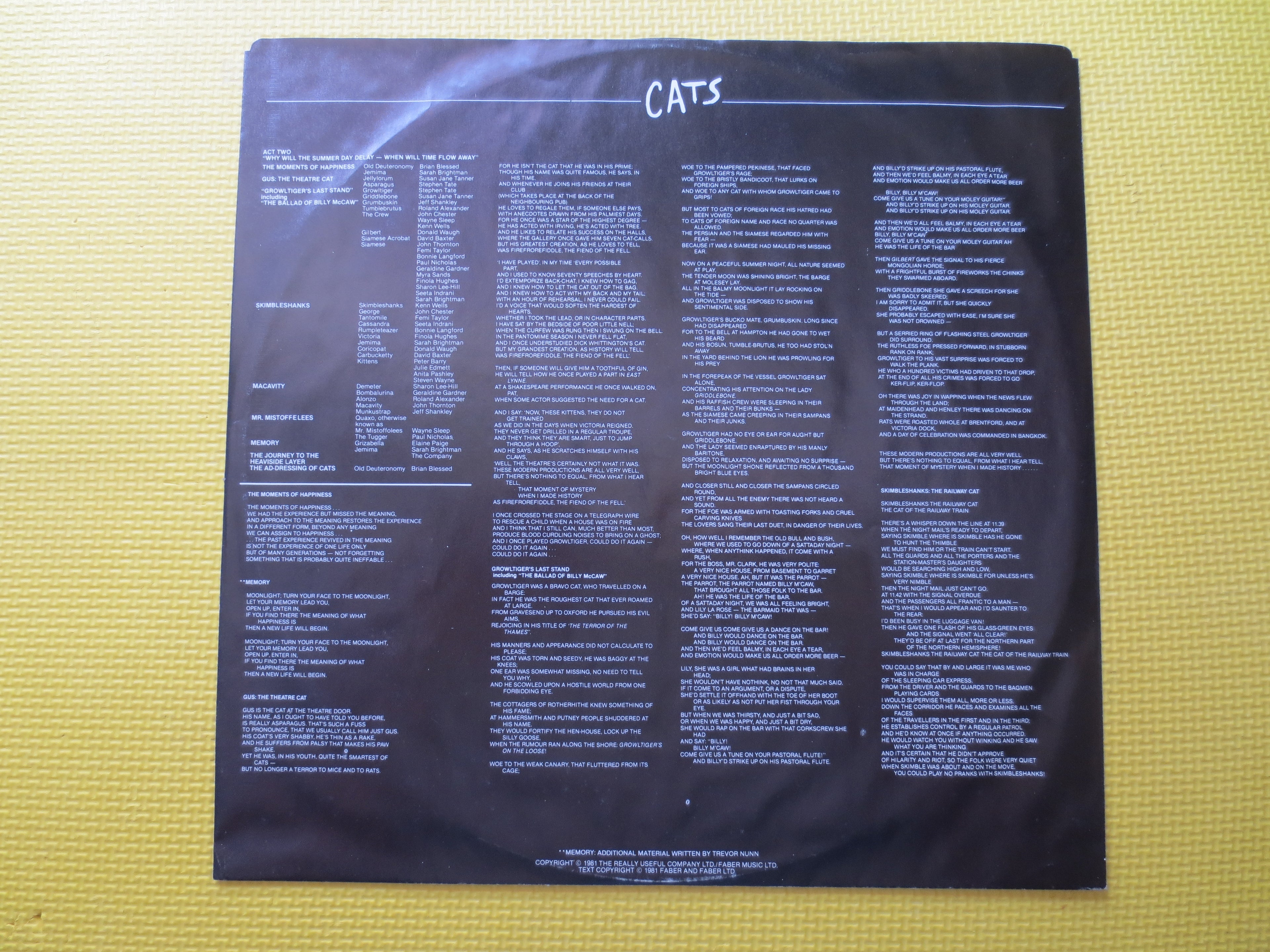 CATS, The MUSICAL, CATS Soundtrack, Andrew Lloyd Webber, Double Records, Cats Music Record, Theater Music Lp, 1981 Records