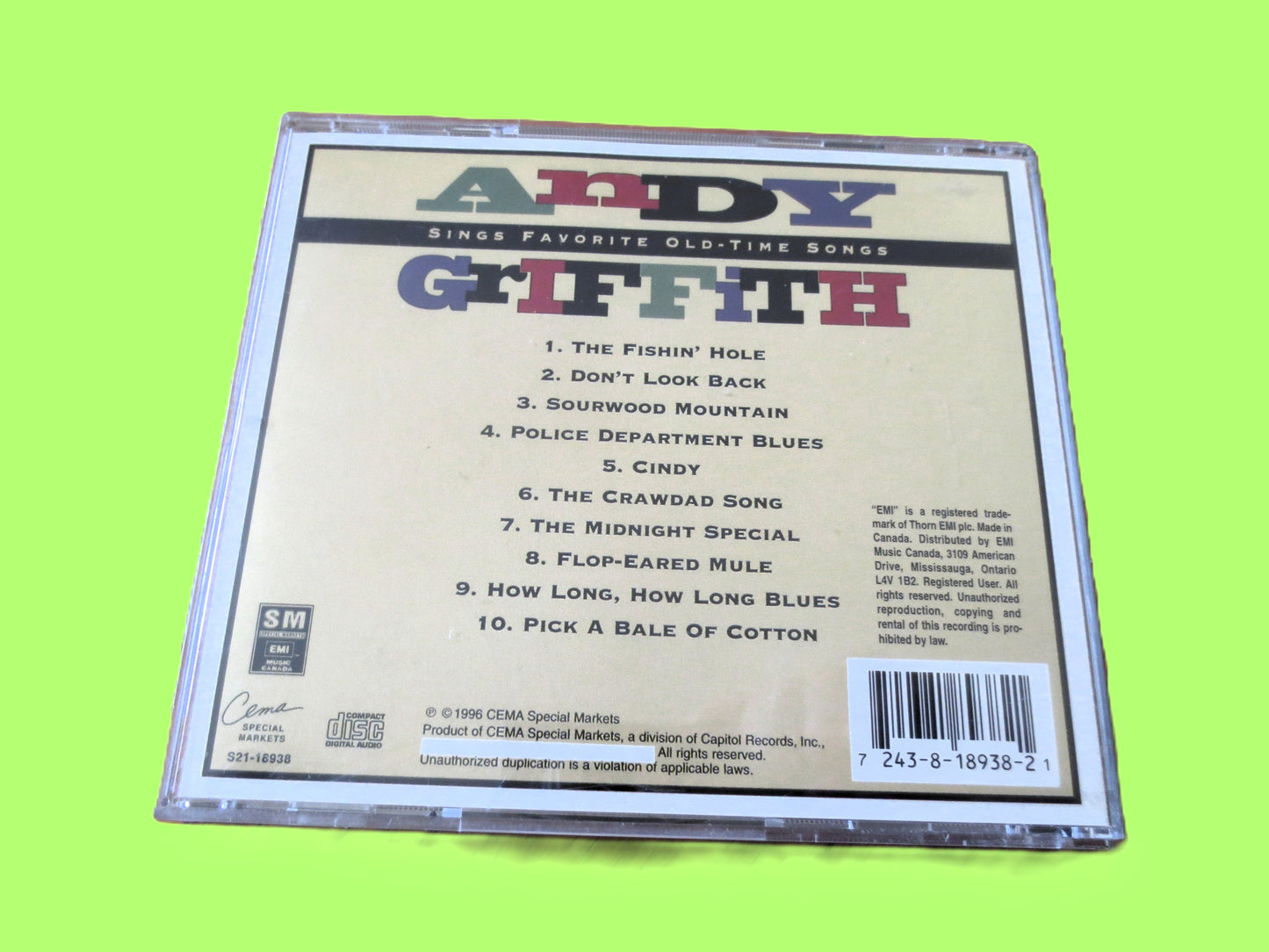 ANDY GRIFFITH, Old Time Songs, 1996 Compact Disc, Vintage Cd