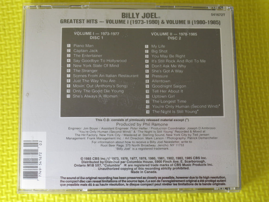 BILLY JOEL, Greatest Hits, Double Album, 1985 Compact Disc, Vintage Cd