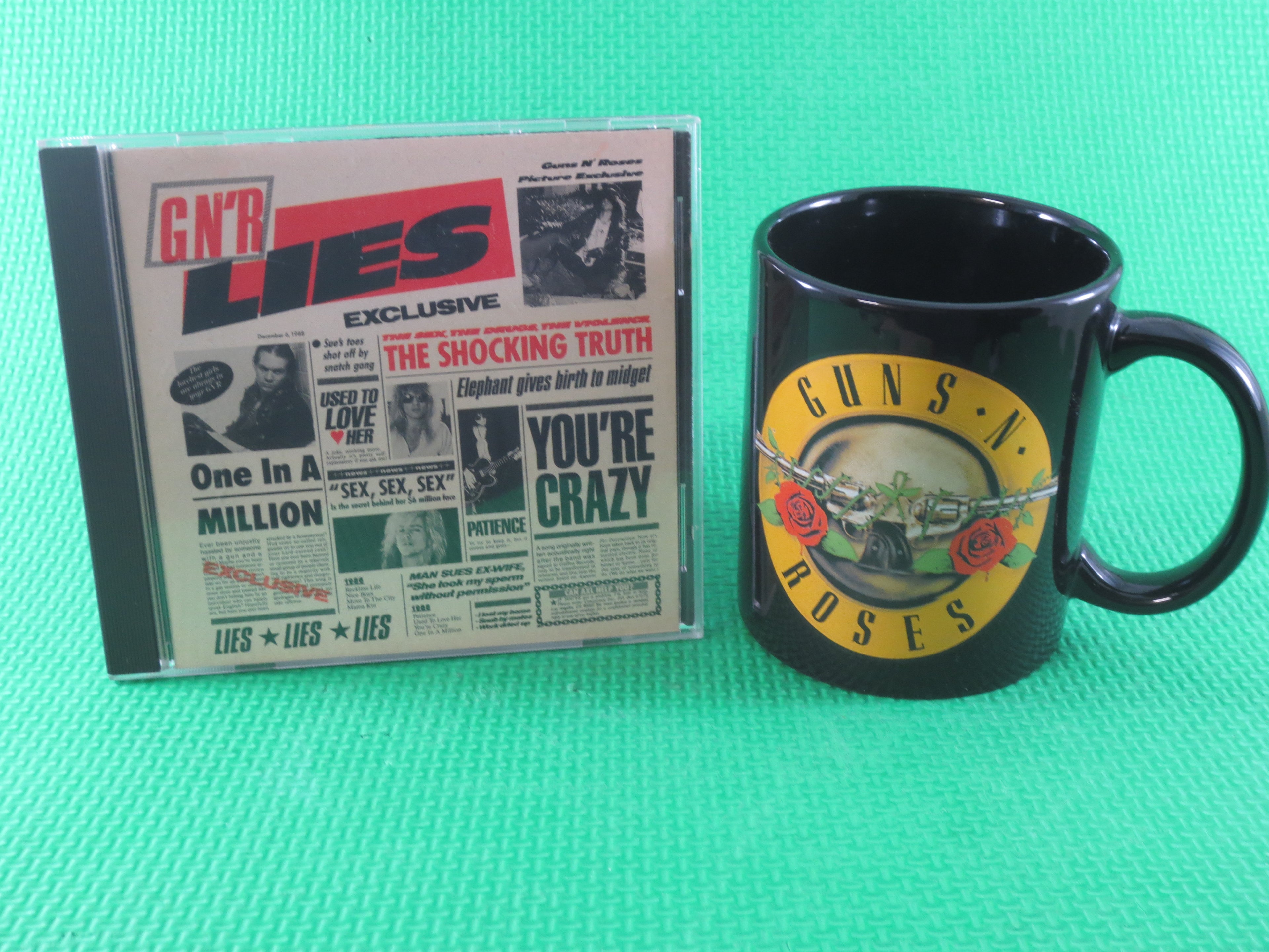 GUNS and ROSES, G N' R MUG, Guns 'n Roses Lp, Guns 'N Roses Cd, Guns 'N Roses Cup, Vintage Compact Disc, Cd, 1988 Compact Disc