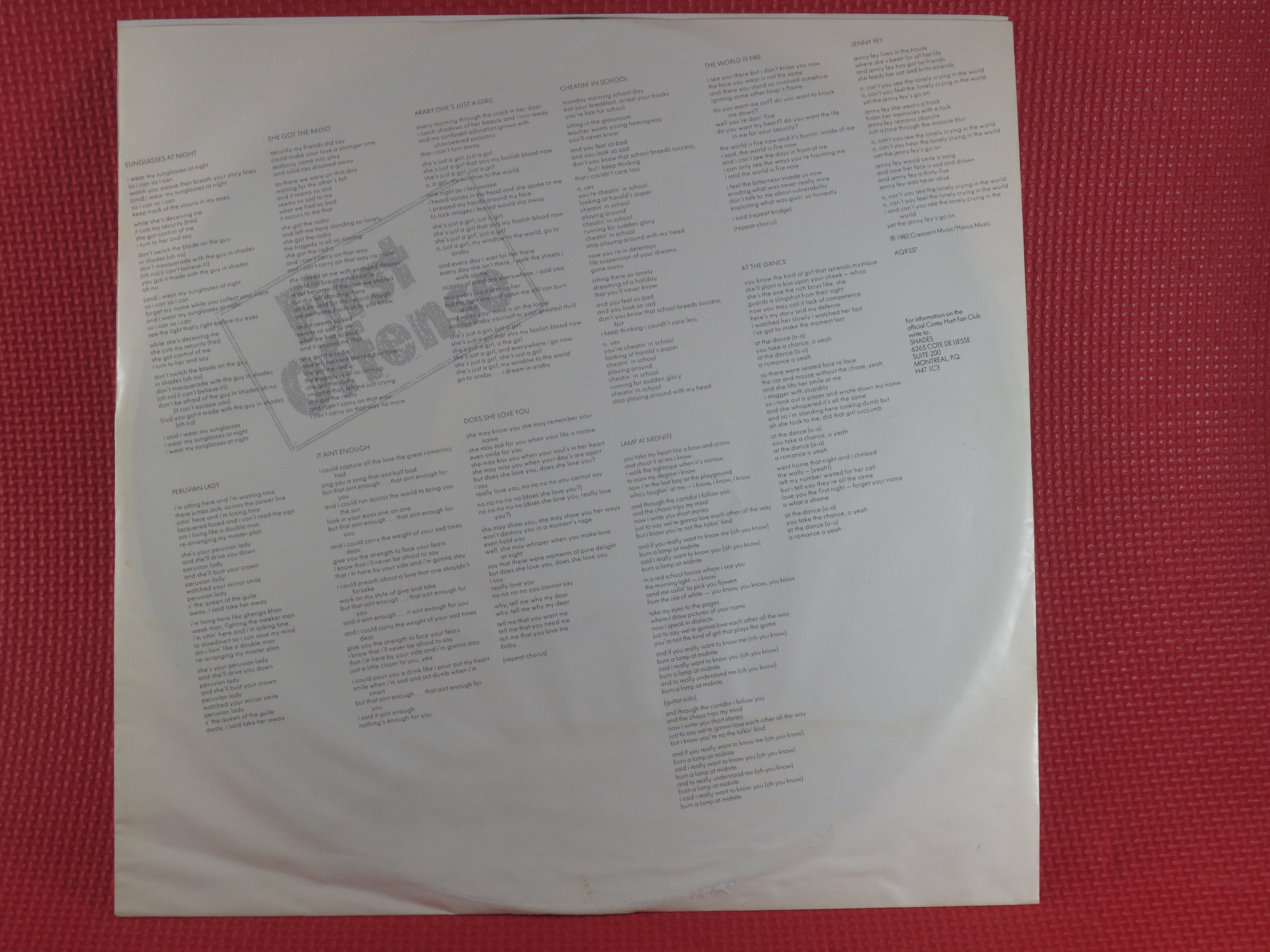 COREY HART, First Offense, Vintage Album, 1983 Record, Vinyl Lp