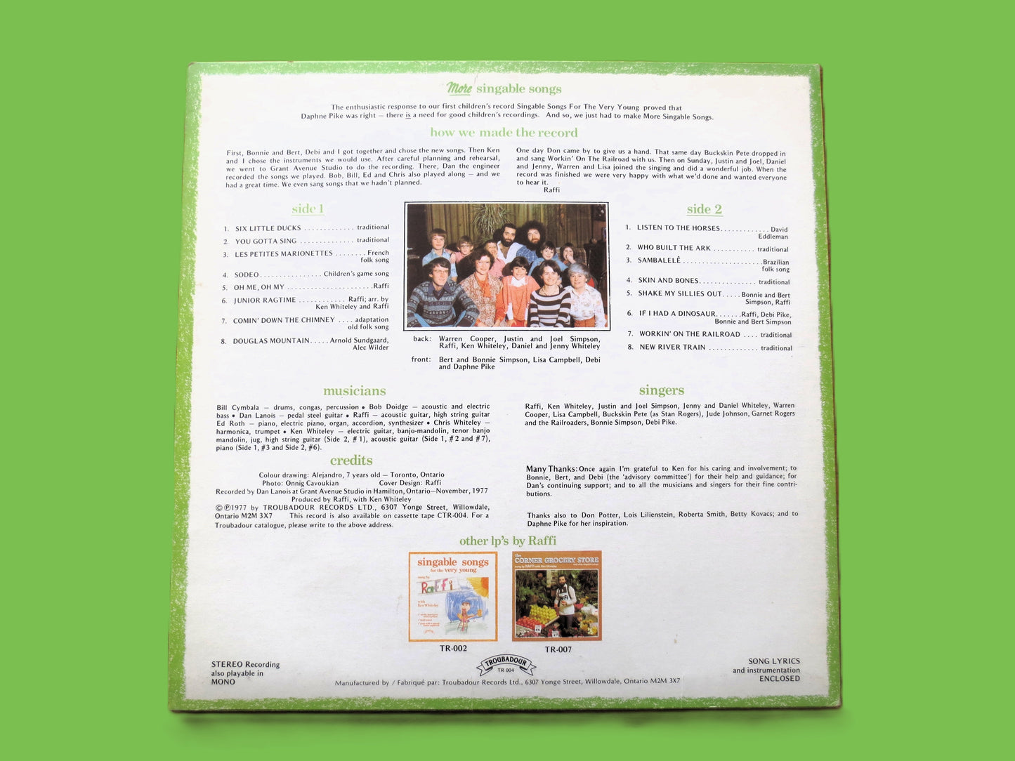 RAFFI, More SINGABLE SONGS, Children's Album, 1977 Record, Vinyl Lp