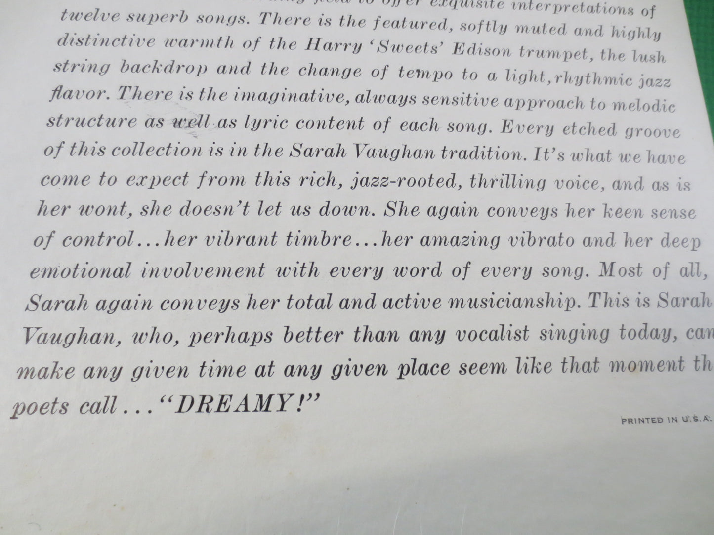 SARAH VAUGHAN, DREAMY, Sarah Vaughan Record, Sarah Vaughan Vinyl, Sarah Vaughan Lp, Jazz Record, Vinyl, Vintage Records, 1960 Records