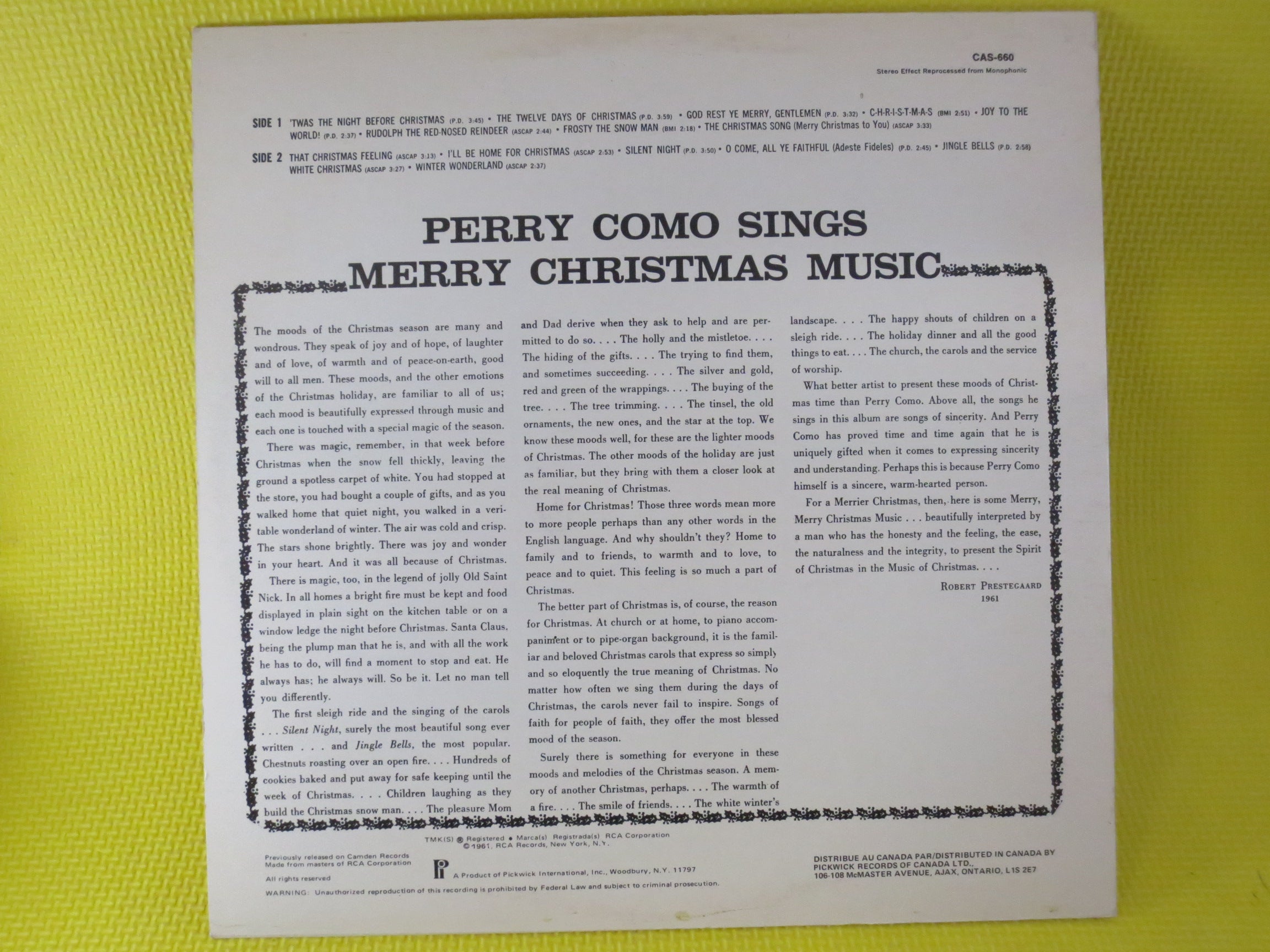PERRY COMO, Christmas Album, 1978 Record, Vinyl Lp