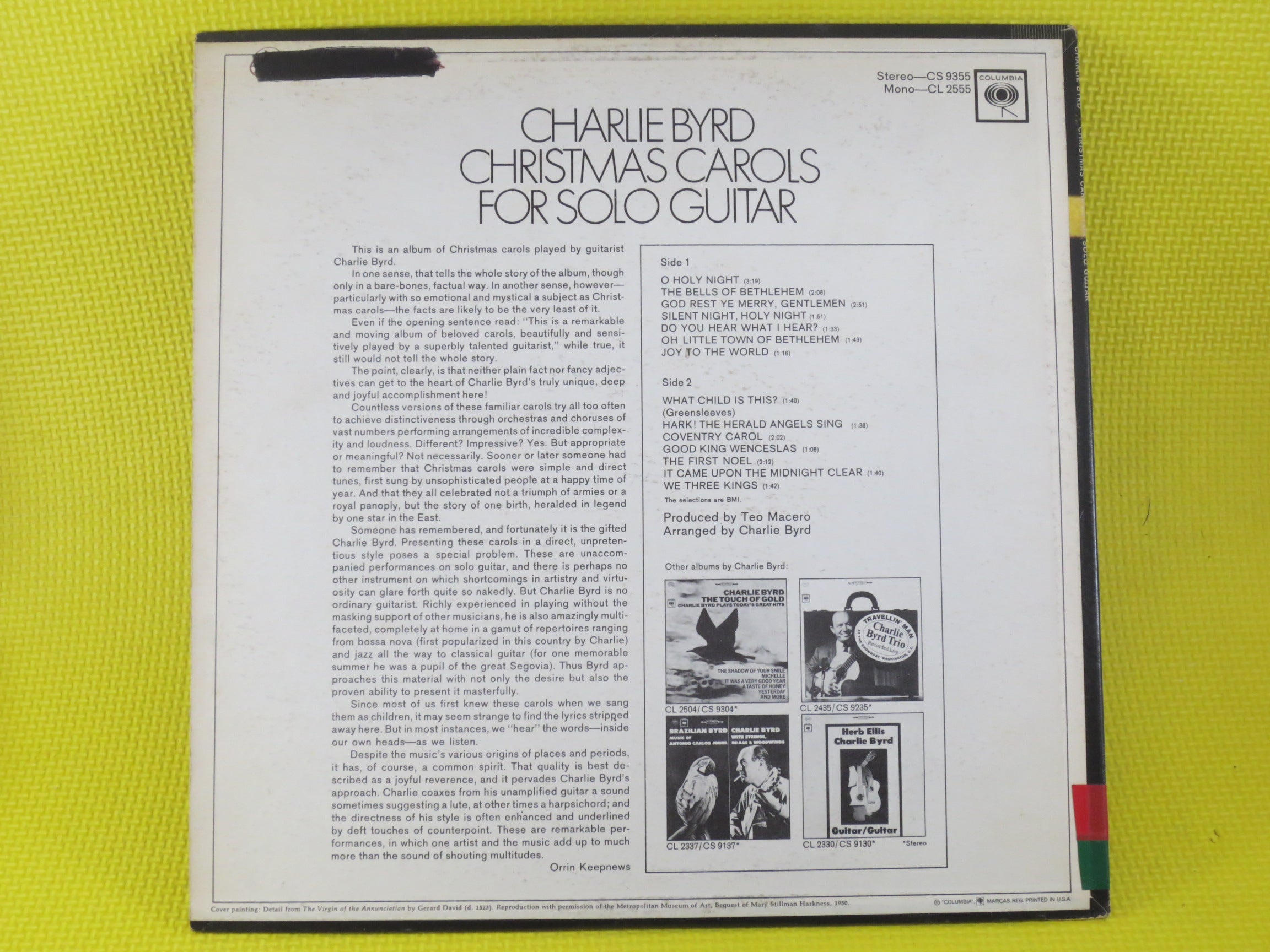 CHARLIE BYRD, CHRISTMAS Carols, Christmas Guitar, Christmas Music, Christmas, Christmas Songs, Christmas Hymns, Vintage Record, 1959 Record