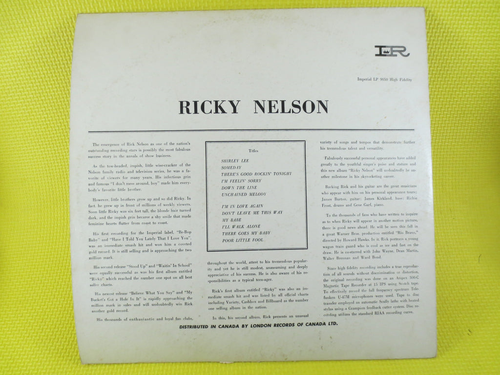 RICKY NELSON, 50s Music, Vintage Album, 1958 Record, Vinyl Lp