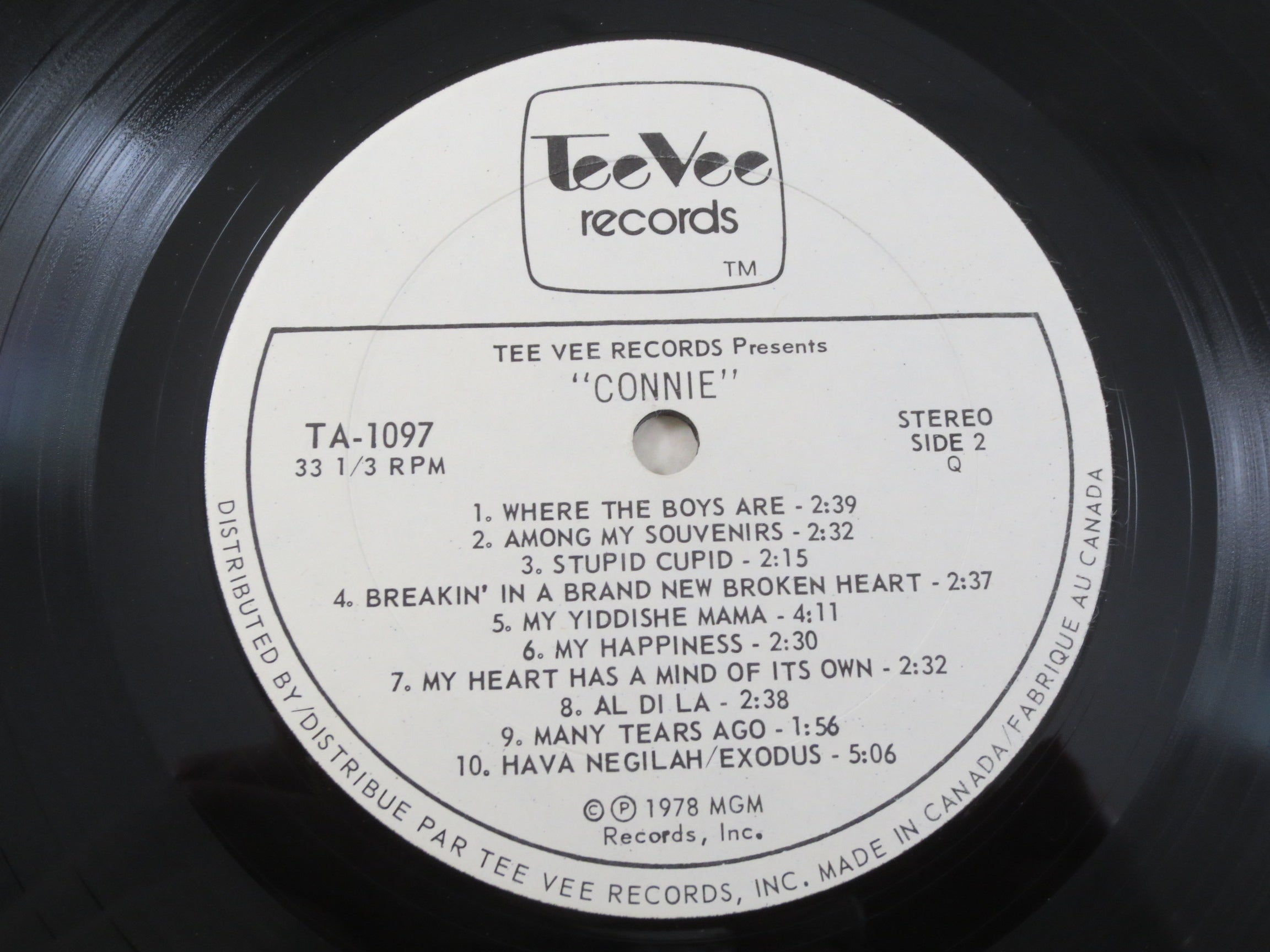 CONNIE FRANCIS, Tee Vee Records, Vintage Album, 1978 Record, Vinyl Lp
