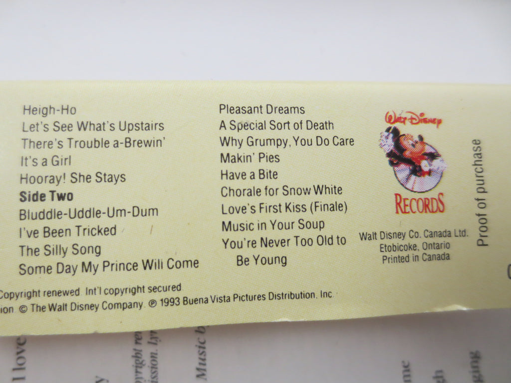 SNOW WHITE, Disney Music, 1993 Cassette Tape, Vinyl Lp