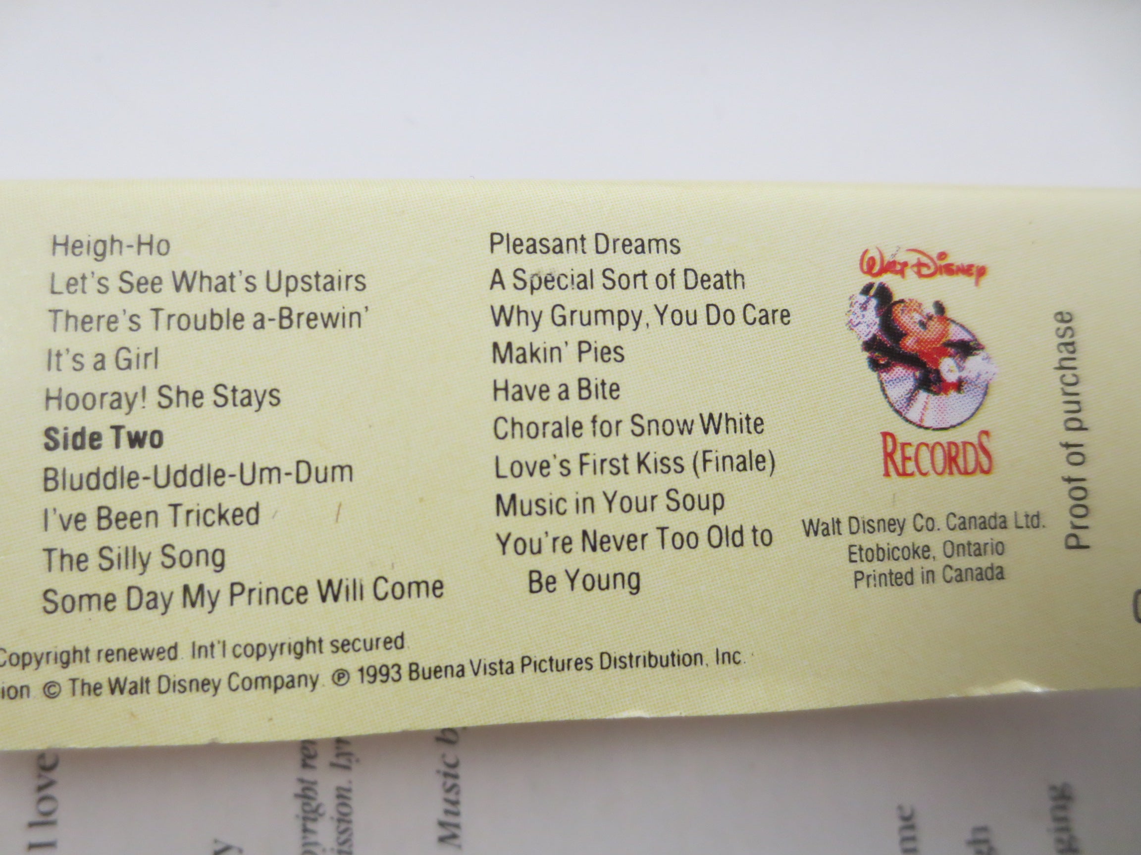 SNOW WHITE, Disney Music, 1993 Cassette Tape, Vinyl Lp