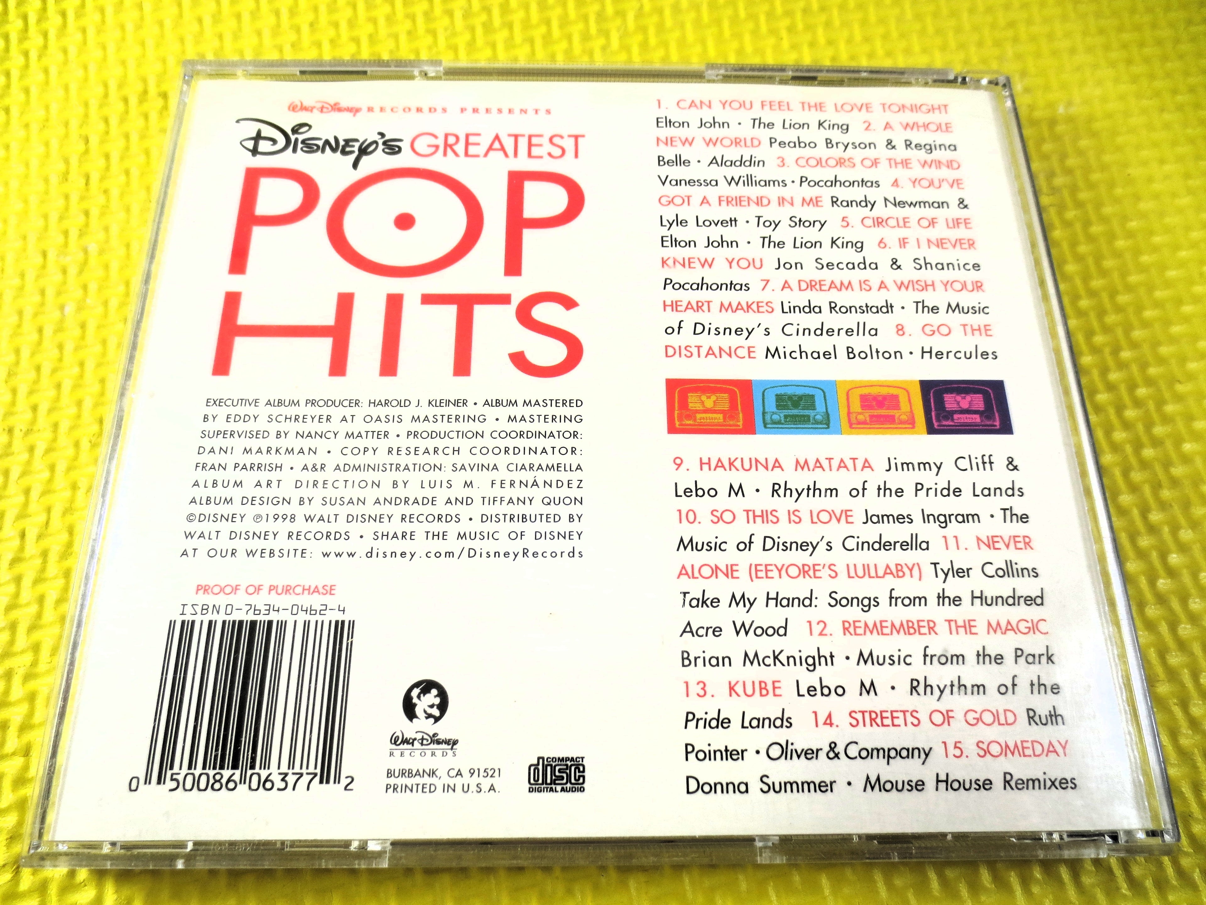 DISNEY's GREATEST Pop HITS, 1998 Compact Disc, Vintage Cd