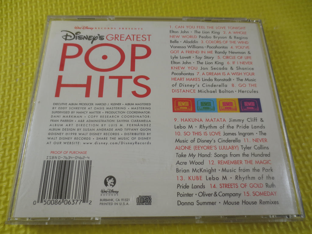 DISNEY's GREATEST Pop HITS, 1998 Compact Disc, Vintage Cd