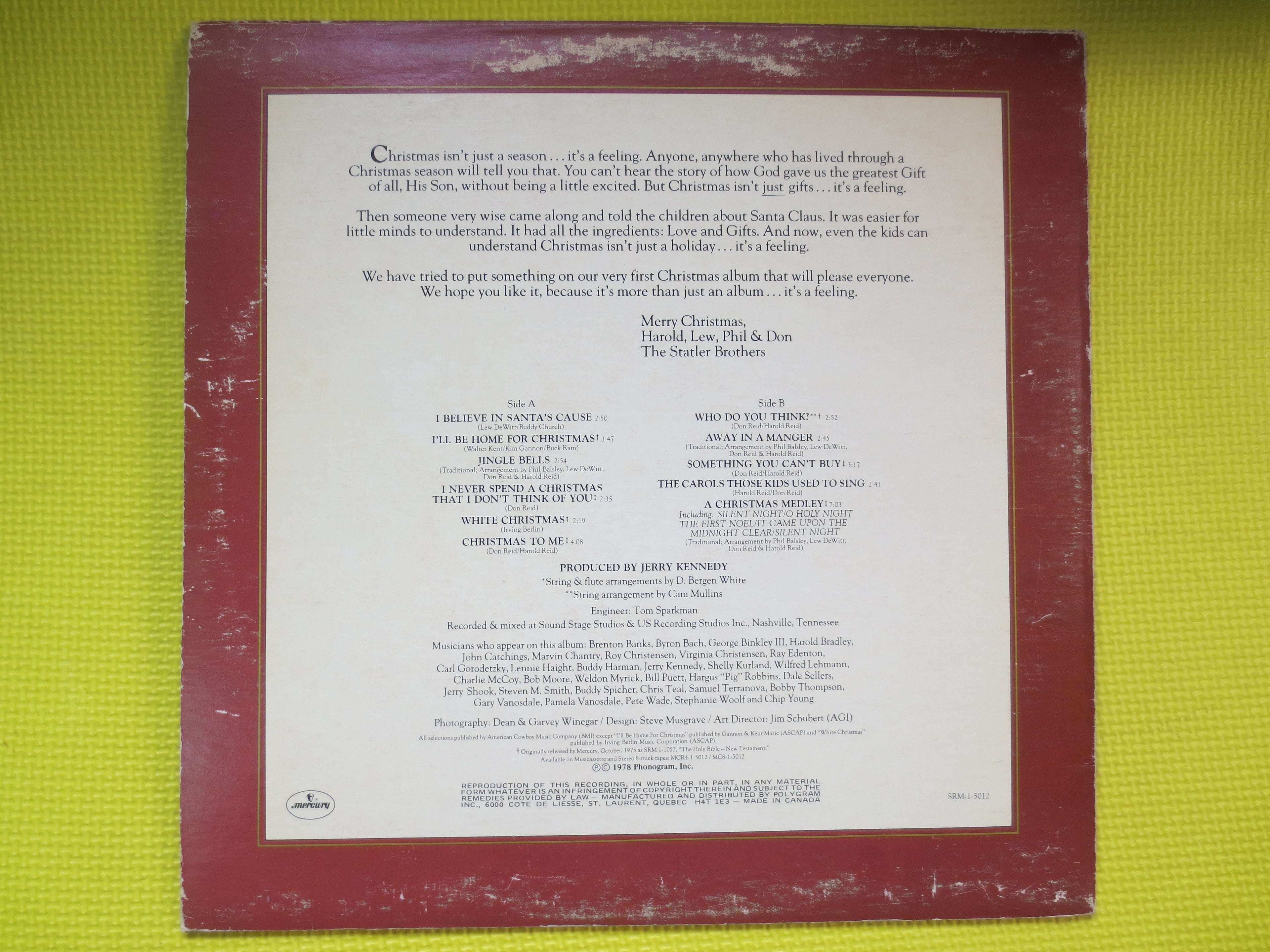 The STATLER BROTHERS, Christmas Card, Vintage Album, 1978 Record, Vinyl Lp